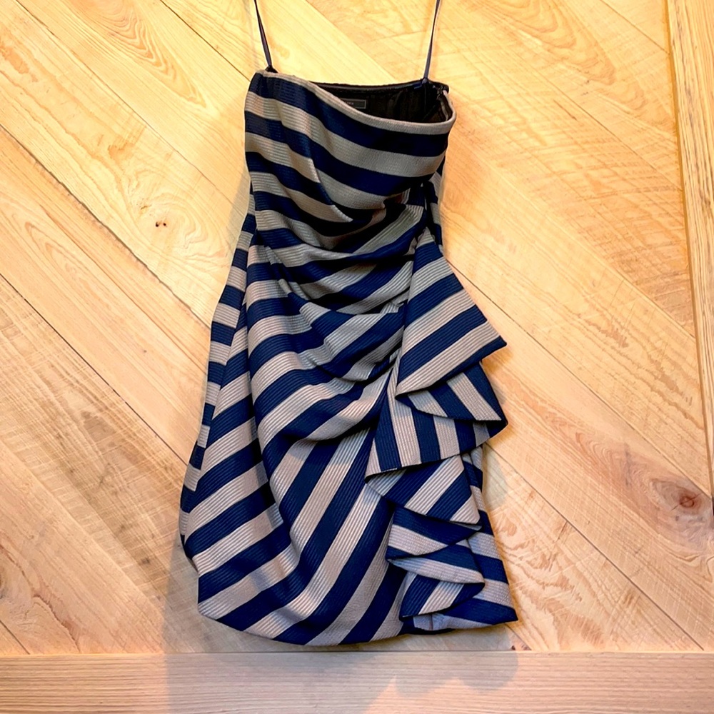 BCBG Maxazria navy and taupe striped strapless dress.